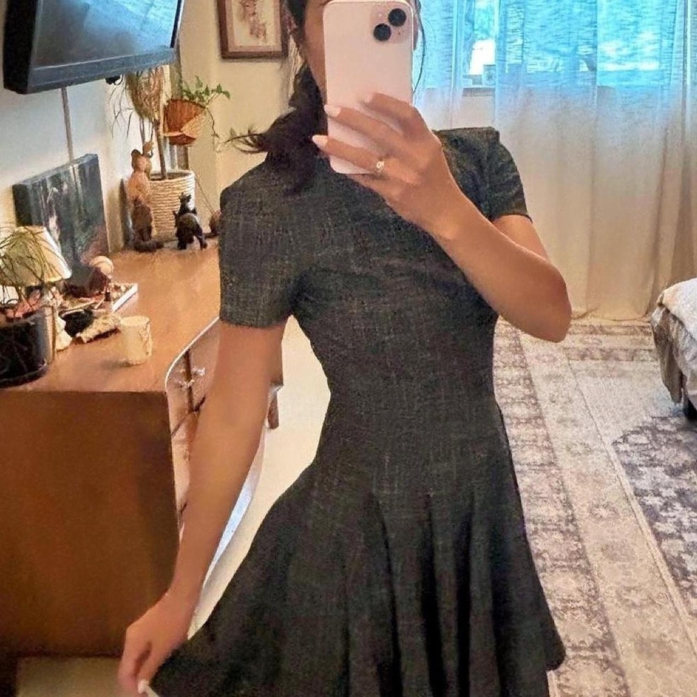 Zara Grey Tweed Women's Short Sleeve Drop Waist Mini Dress Preppy Academia XS
